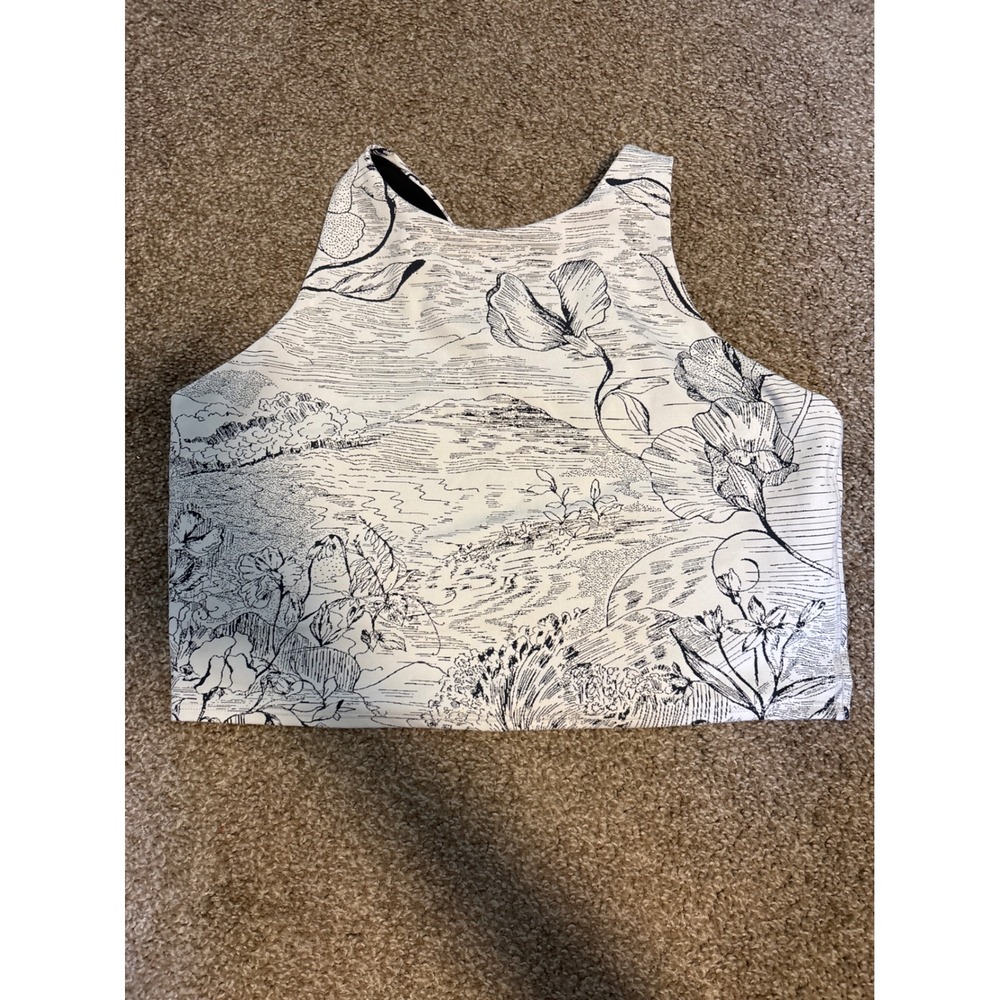 Athleta Sports Bra Womens XL White Black Floral Landscape High Neck Excellent